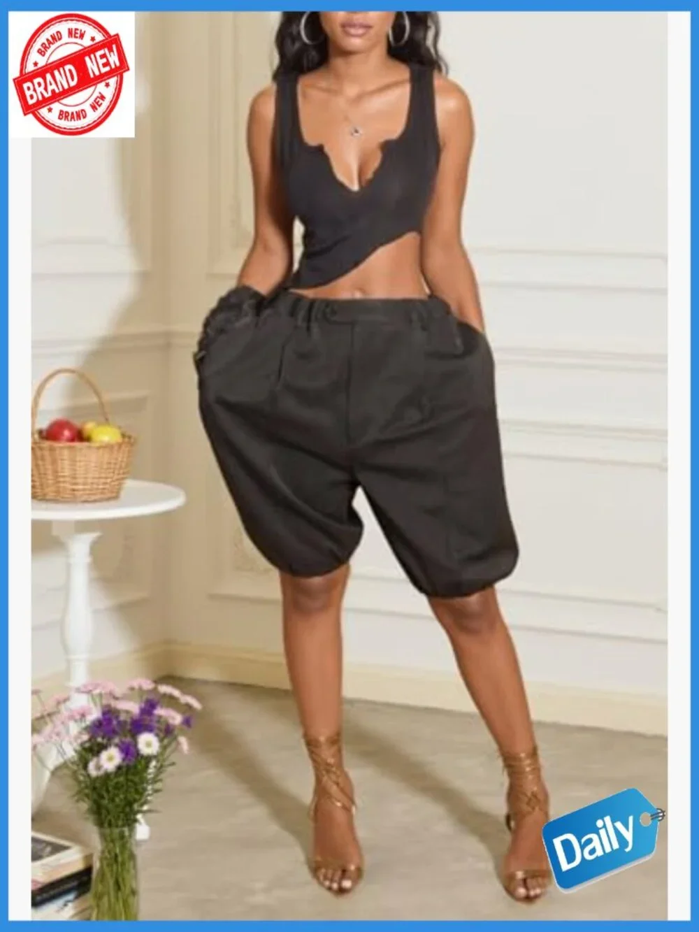 Lantern Balloon Baggy Wide Leg Bermuda Shorts Elastic Waist High Rise Summer